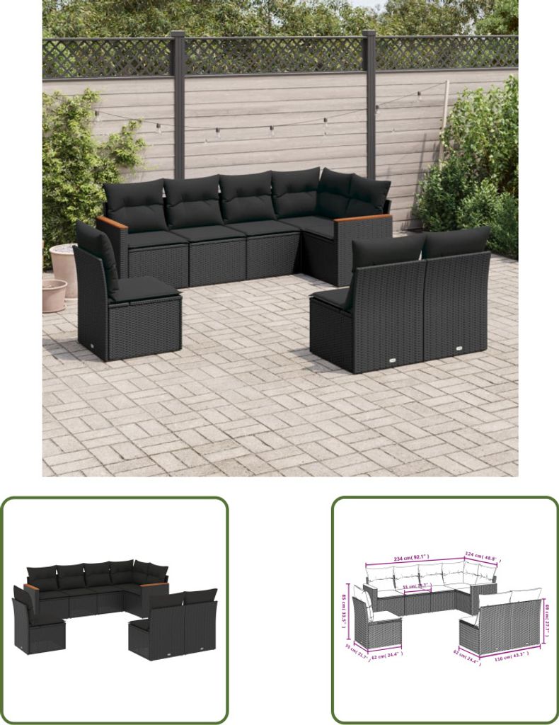 The Living Store 8-tlg. Garten-Sofagarnitur mit Kissen Schwarz Poly Rattan