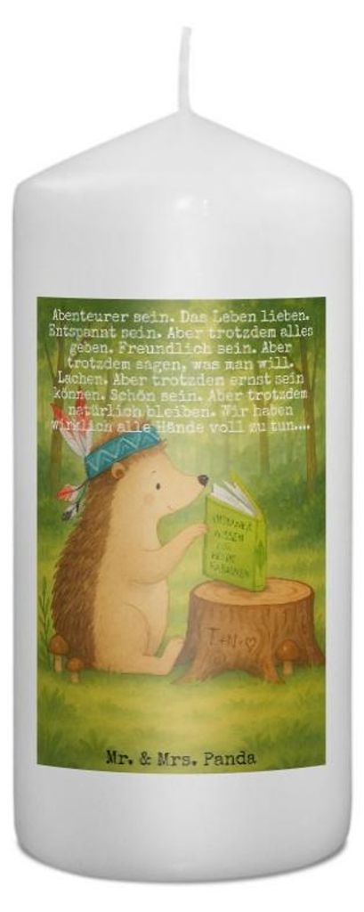 Mr. & Mrs. Panda Kerze Igel Federschmuck Design 15 x 7 cm - Weiß - Geschenk, Abenteuer, Blockkerze, Bedruckte, Tiere, Indianer, Lagerfeuer, Zylind...