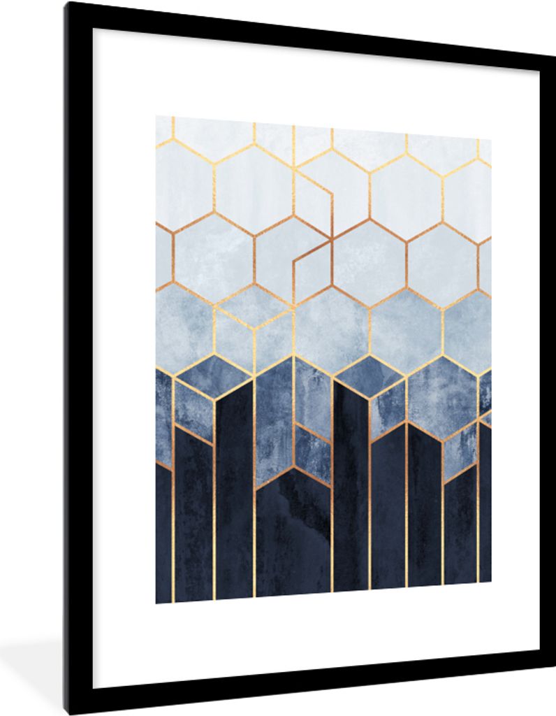 MuchoWow Gerahmtes Poster Sechseck - Gold - Schablonen 60x80 cm - Poster mit Schwarzem Bilderrahmen Wandposter Rahmen Foto Bilder - Wohnzimmer - ...