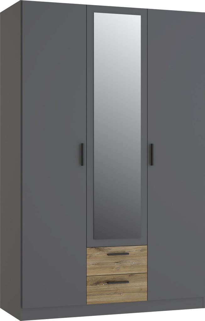 Forte Kleiderschrank TROYANDA 3-türig mit Spiegel, Uni Wolfram grey und Flagstaff Eiche light
