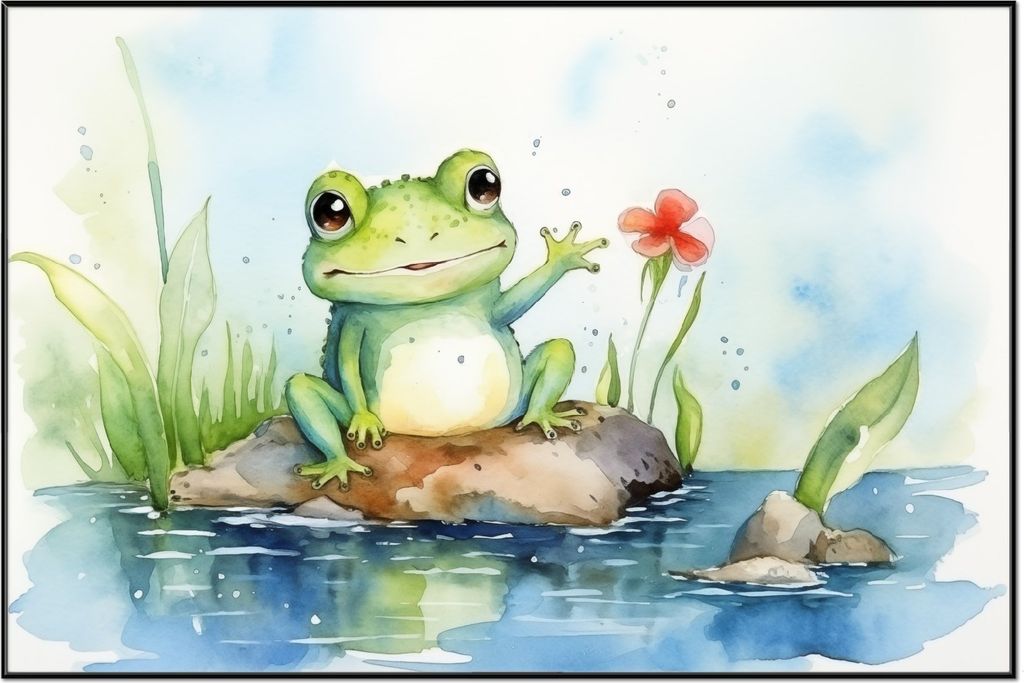 Wallario Wandbild Frosch in Aquarell, Größe: 61 x 91,50 cm, Poster mit schwarzem Aluminiumrahmen