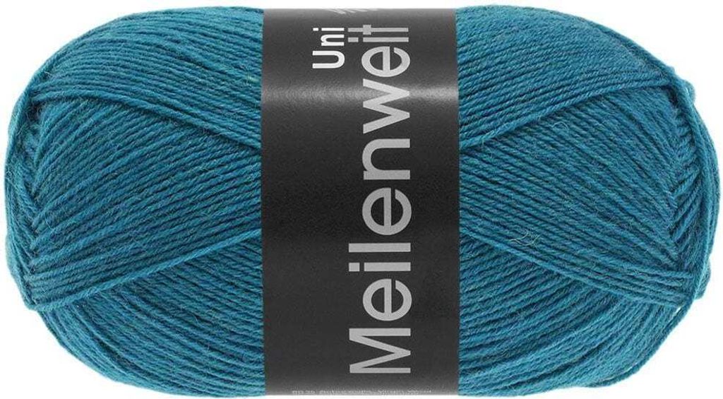A ball of teal yarn with a black label.