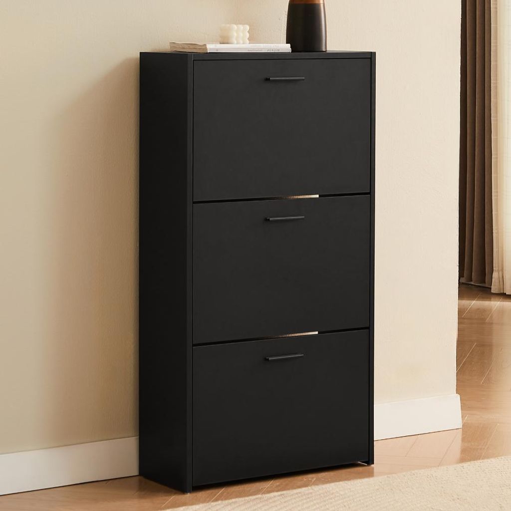 CASABEL Schuhschrank Schmal für 18 Paar Schuhe, Modernes Schuhregal Holz mit 3 Klappen, Platzsparender Organizer für Flur und Diele, L60xT24xH113...