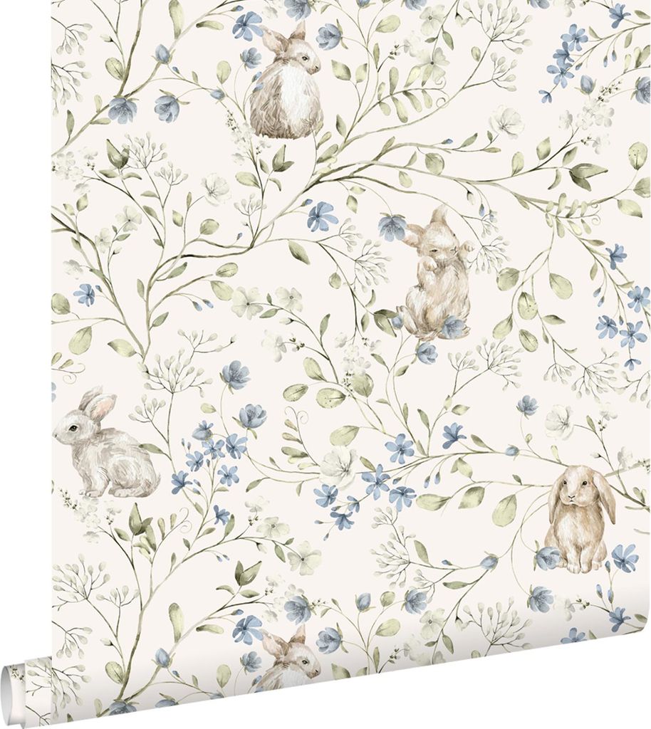 ESTAhome Tapete Kaninchen Beige, Grün, Blau und Weiß 53 cm x 10.05 m