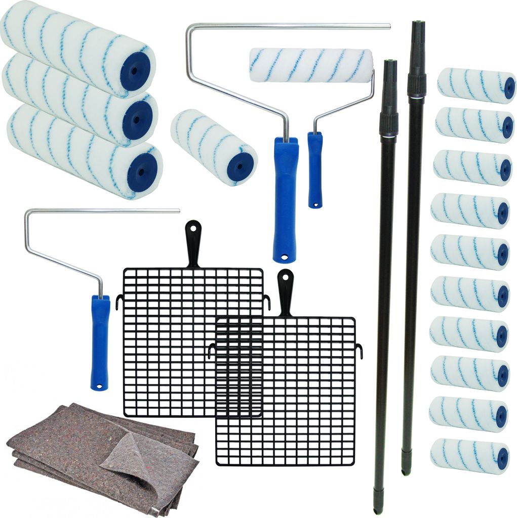 Maler-Set Wandfarbe Farbroller Farbrolle Malerwalze Teleskopstange Abstreifgitter 22 Teile - SET für zwei Personen, ideal für eine Renovierung zu...