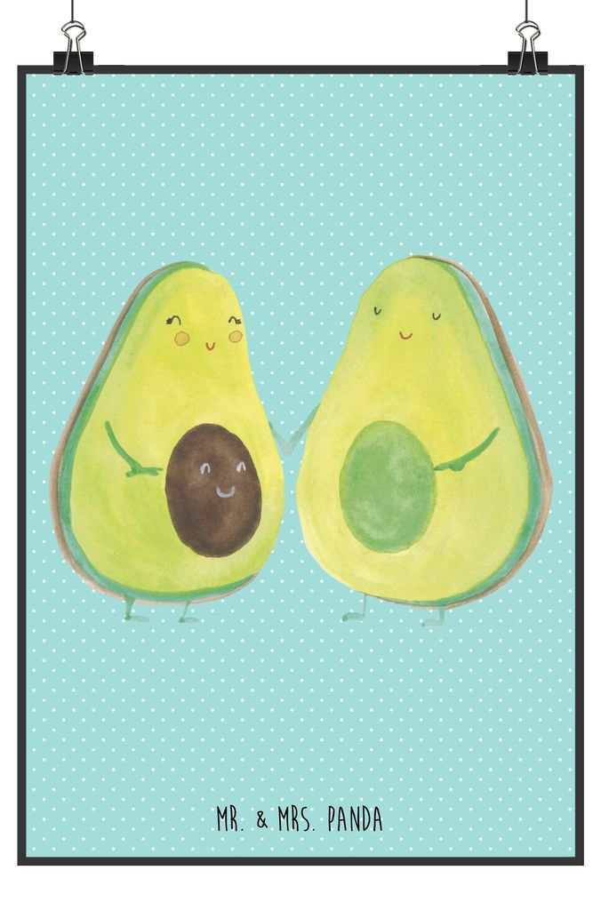 Mr. & Mrs. Panda Bild Avocado Pärchen DIN A2 - Türkis Pastell - Geschenk, Avocados, Liebe, Familie, drucke, Wanddekoration, Wandbild, Kunstdruck,...