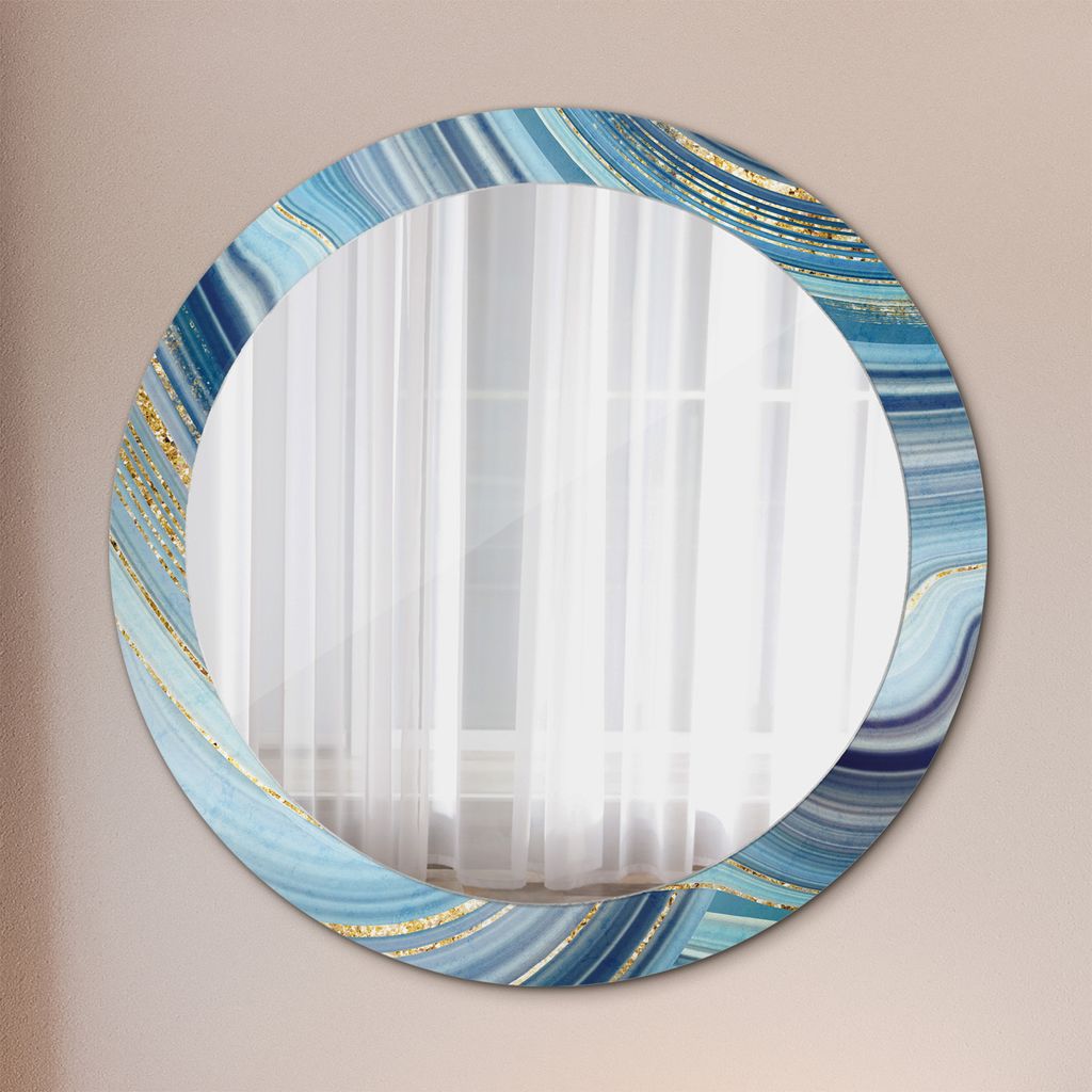 Runder Spiegel mit Modernem Aufdruck - Dekospiegel Wandmontage -Blau Marmor- Ø80cm