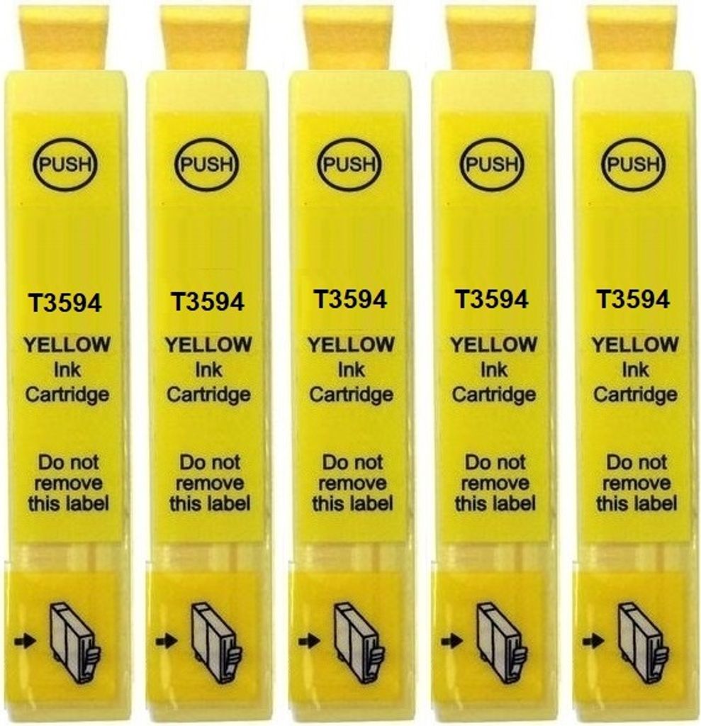 Five yellow ink cartridges lined up against a white background.