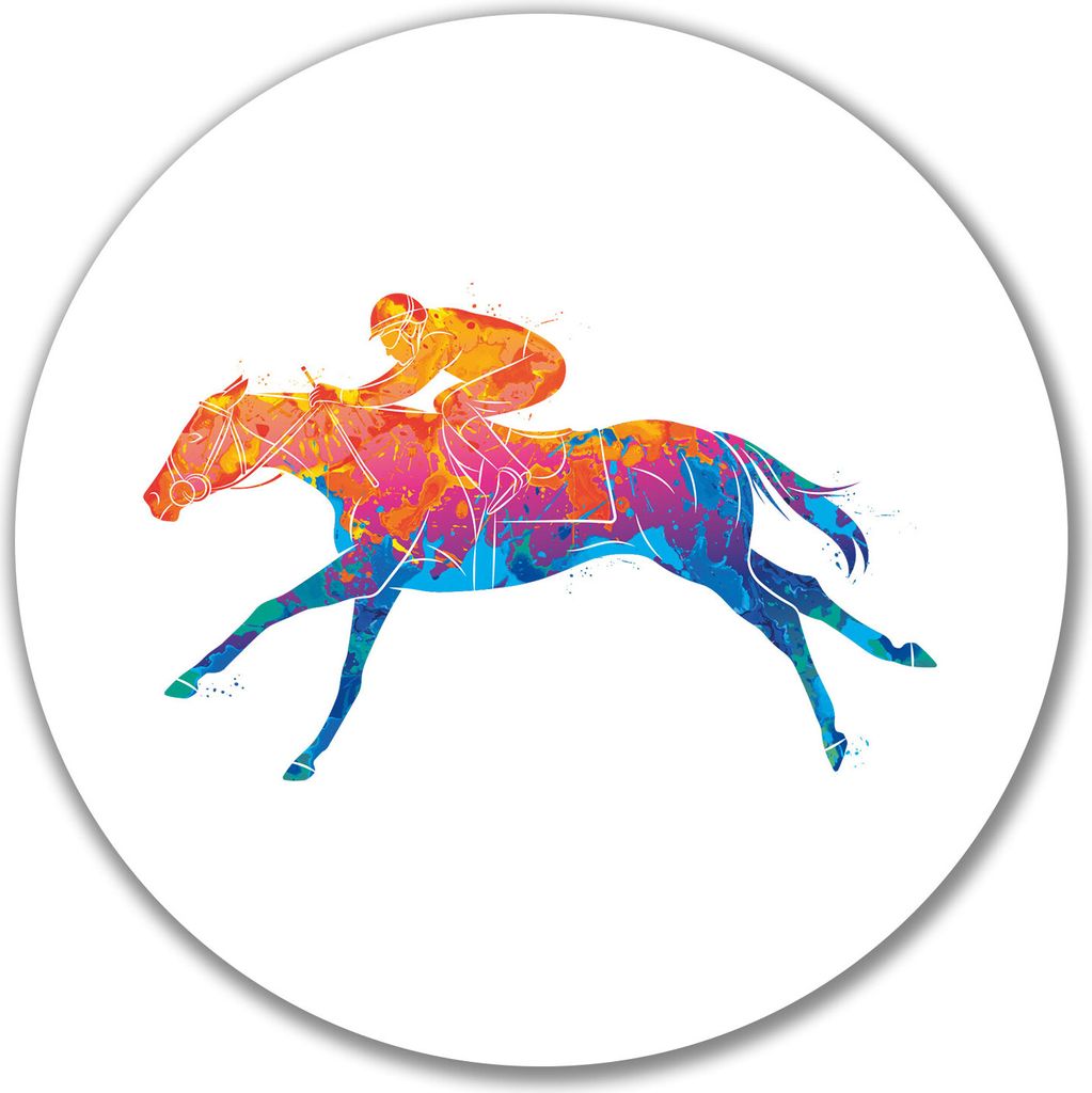 Huuraa Aufkleber Pferderennen Jockey bunte Silhouette 10cm rund Sticker Geschenkidee