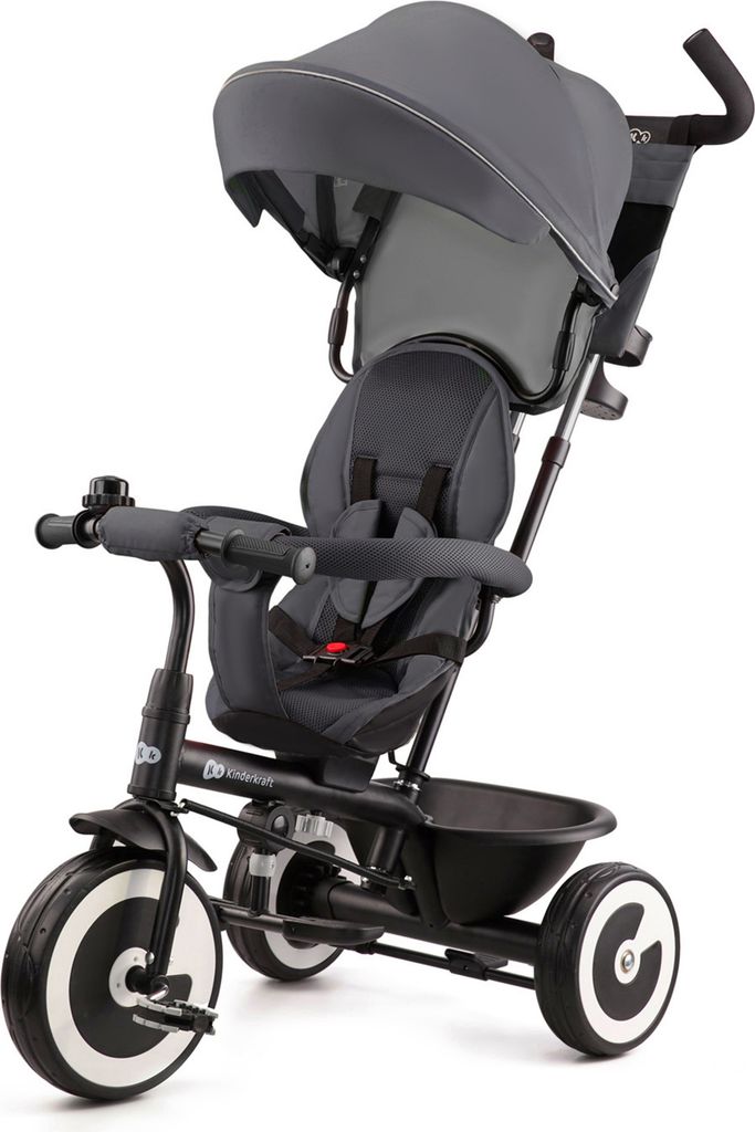 A studio shot of a gray Kinderkraft ASTON tricycle against a white background.