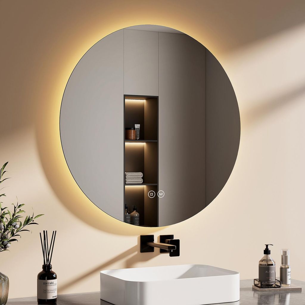 EMKE LED Badezimmerspiegel Badspiegel mit Beleuchtung Rund 80cm 3 Lichtfarben Dimmbar Lichtspiegel mit Touchschalter Energiesparend LED Spiegel