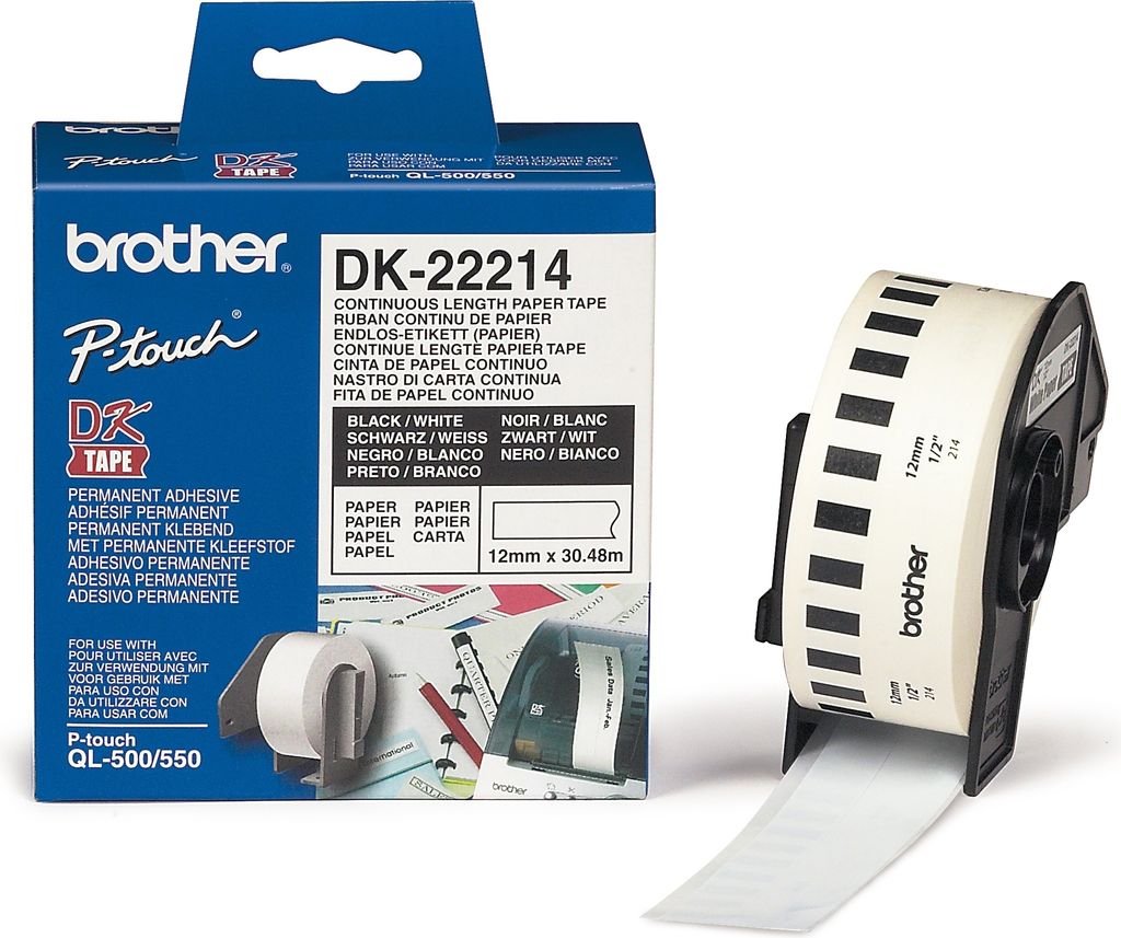 Brother DK-22214 Continuous Paper Tape (12mm), Weiß, DK, 12 mm x 30.48m