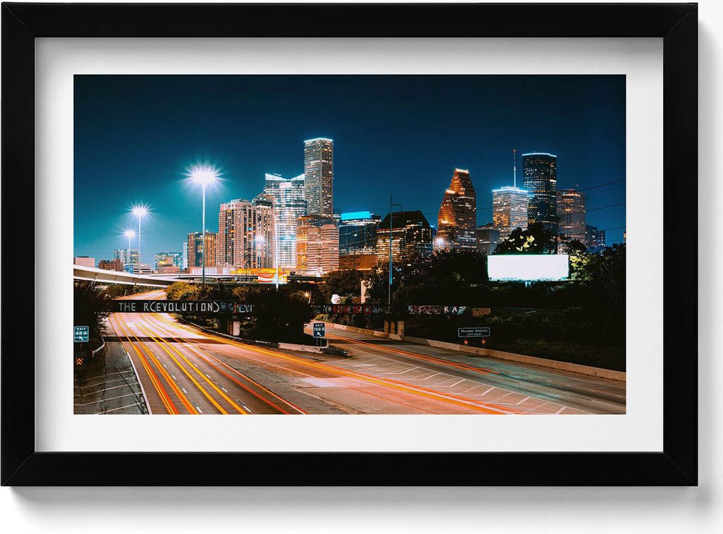 Houston Stadt bei Nacht– Wandbild mit Rahmen – Gerahmtes Bild – Wanddekoration – 30x20 cm – Schwarz Rahmen