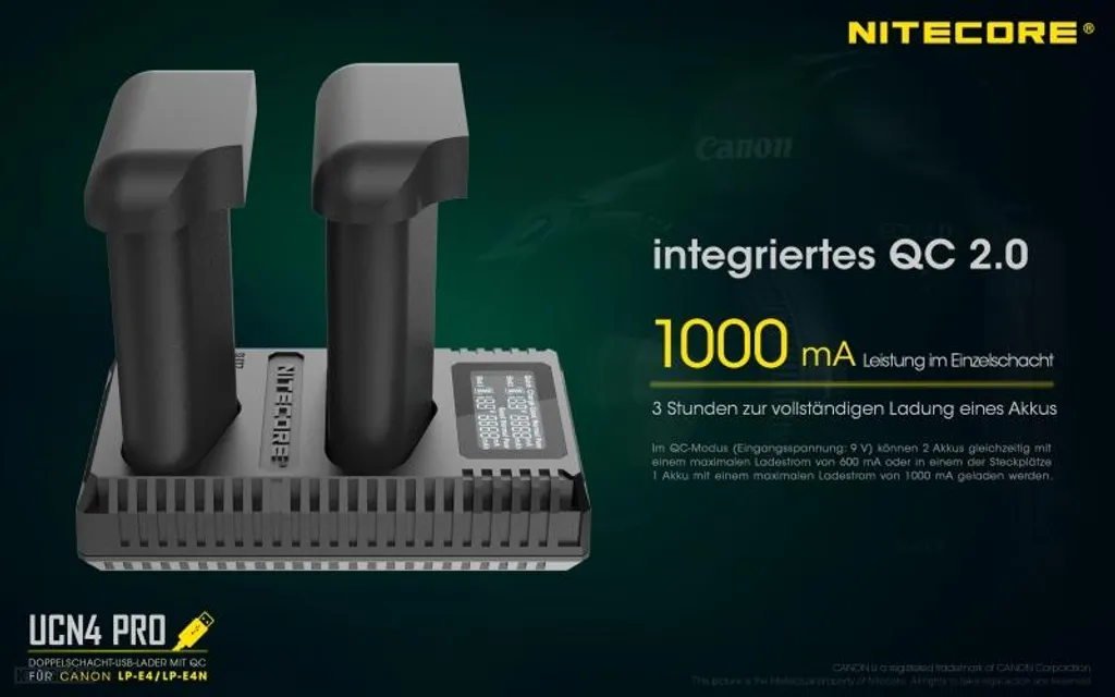 Chargeur Rapide Nitecore UCN4 PRO avec Écran LCD pour Gamme Canon 1D - 3