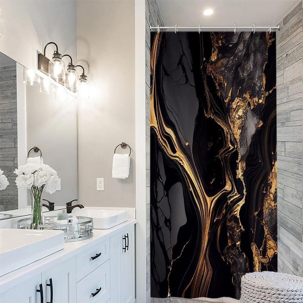 Schmaler Duschvorhang in Schwarz und Gold, 90 x 180 cm, graue Marmoroptik, waschbarer Stoff, mit 6 Haken