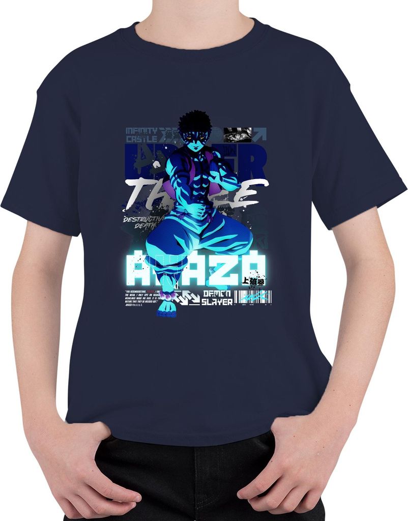 Anime maskierter Kämpfer Neon Blau Muskelpose Manga Cosplay Japan Y2K Streetwear Uni Kinder T-Shirt, Navy, 116