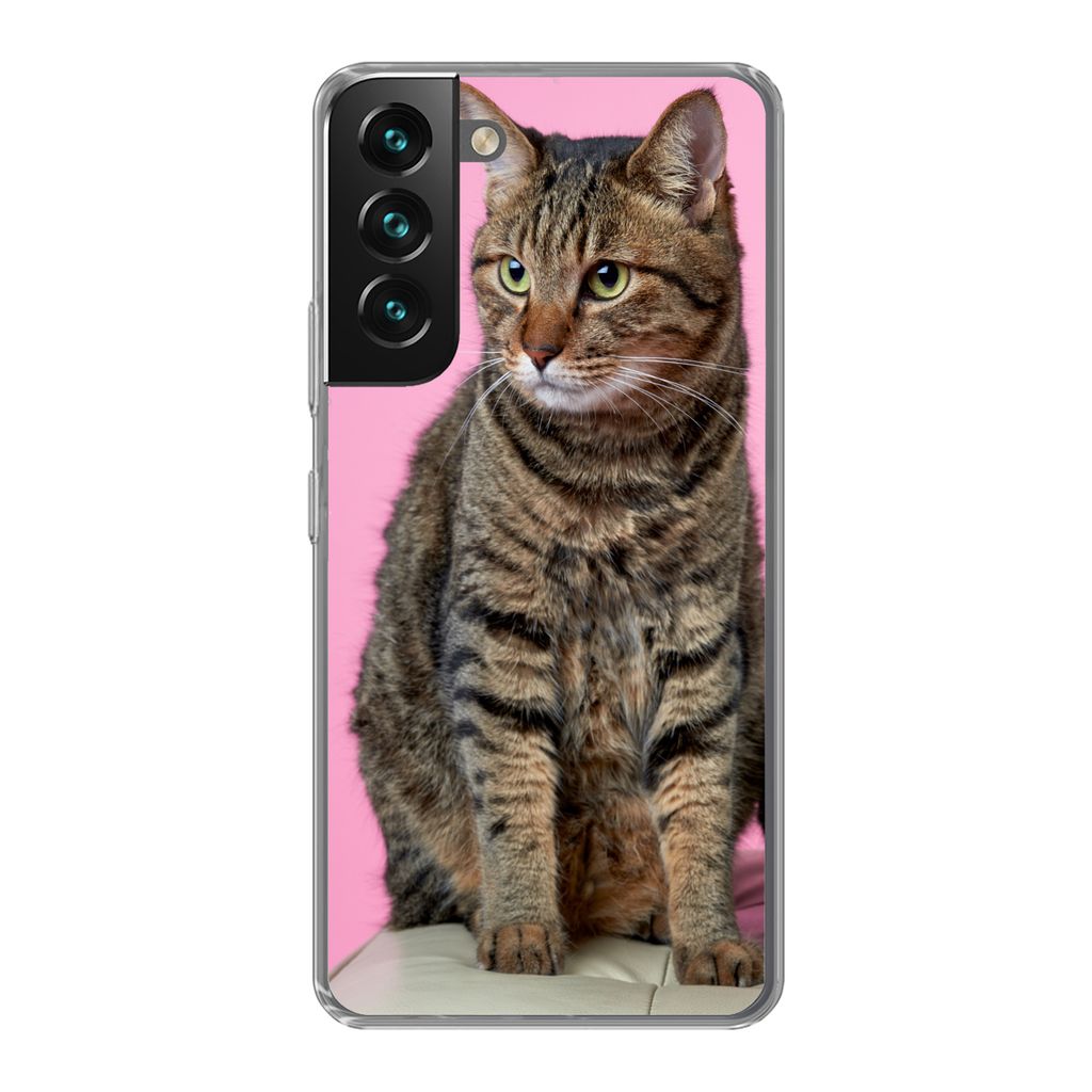 MuchoWow Handyhülle Schutzhülle Hülle für Samsung Galaxy S22 Katze - Rosa - Pouf - Mädchen - Kinder - Kinder Silikon Softcase Handy Hülle -...