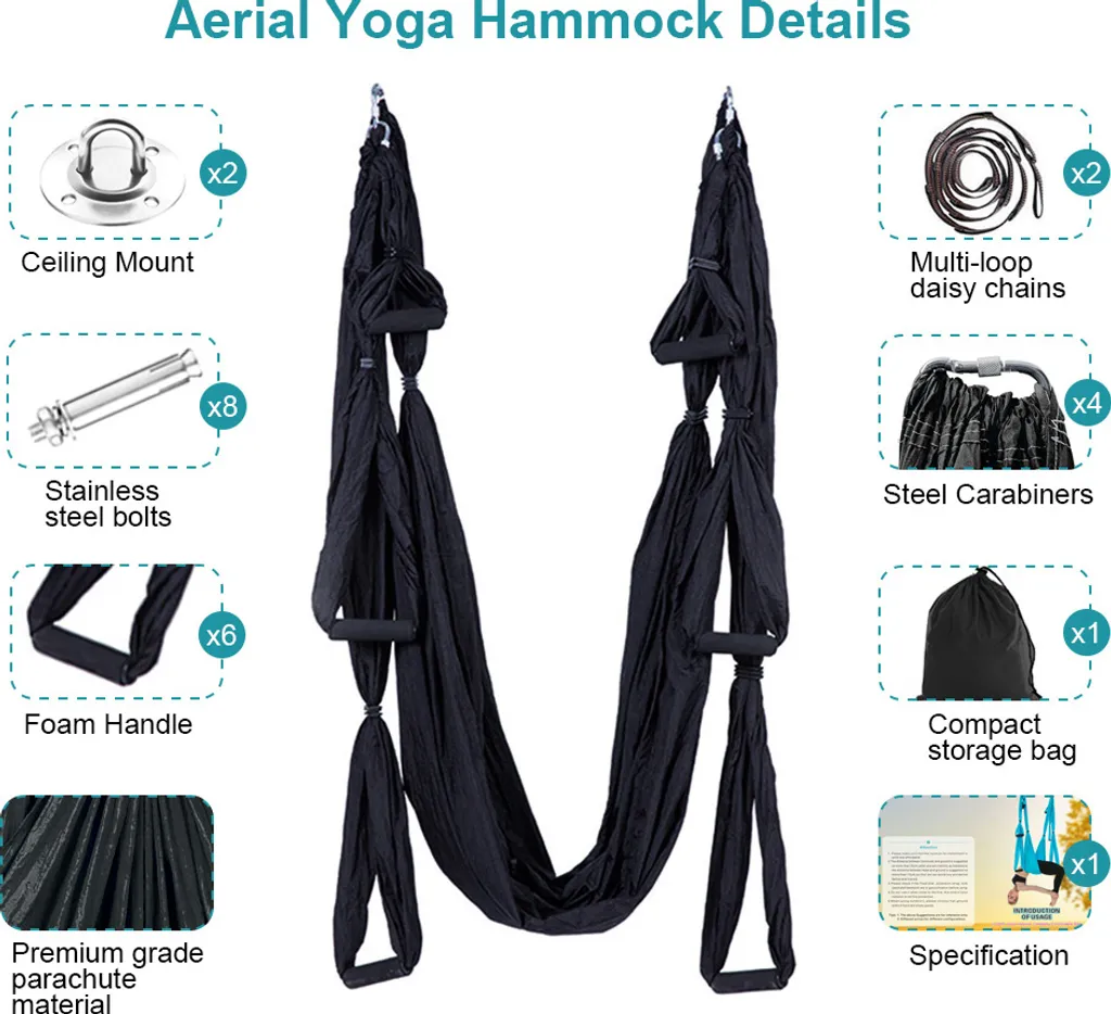 Hamac de yoga aérien anti-gravité en nylon renforcé noir AirSwing