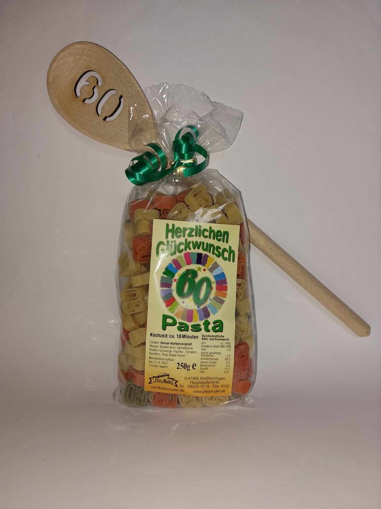 Motivnudeln mit Kochlöffel: Zahl 60, 250g Nudeln + Löffel, Produktbild 