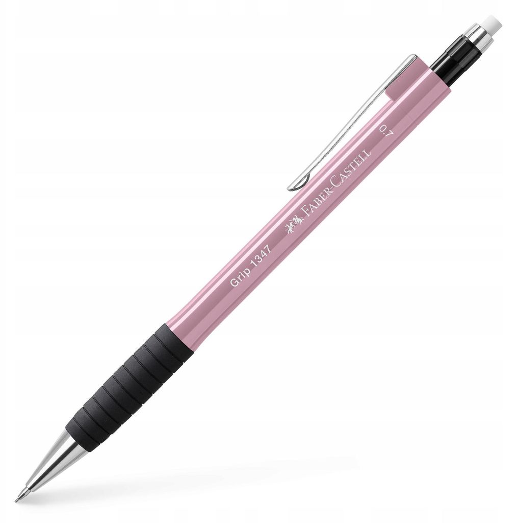 A pink mechanical pencil with a black grip and silver accents, shown against a white background.