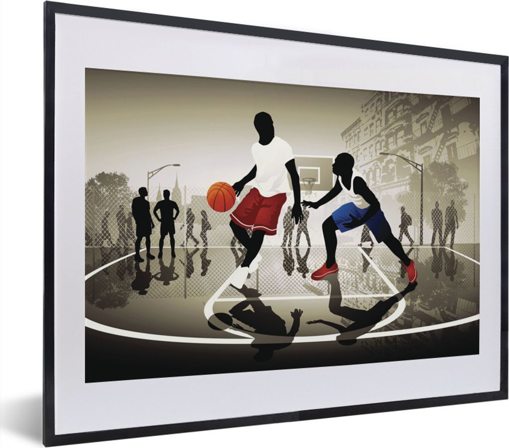 MuchoWow MuchoWow Gerahmtes Poster Eine Illustration von zwei Basketballspielern auf der Straße 40x30 cm - Poster mit zchwarzem Bilderrahmen -...