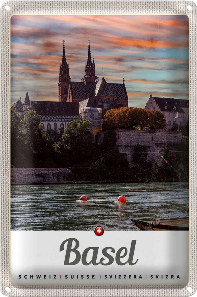 Blechschild Reise 18x12cm Basel Schweiz Fluss Natur Architektur