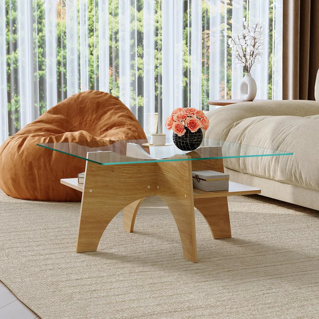 Table basse carrée 80x80 cm en verre de sécurité et pieds aspect bois
