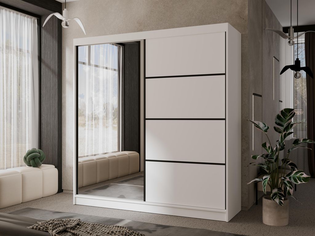 Modern Kleiderschrank mit Spiegel Matteo II 200 cm Spiegelschrank mit 2 Schiebetüren weiß Schrank Garderobenschrank, Farbe: Weiß, Schwarz Alumin...