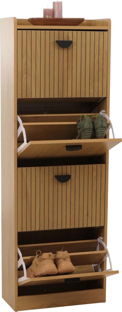 Schuhschrank HWC-O39, Schuhkipper Schuhregal 4 Klappen Klappfächer MDF Melamin Metall 148x50x24cm natur