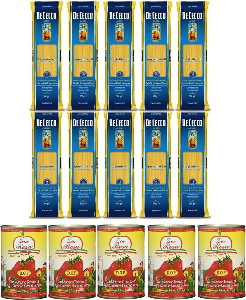 10x Pasta De Cecco 100% Italienisch Spaghettini n. 11 Nudeln 500g + Zia Rosa DOP Pomodoro San Marzano Tomate aus Kampanien Dose von 400g 5x 400g