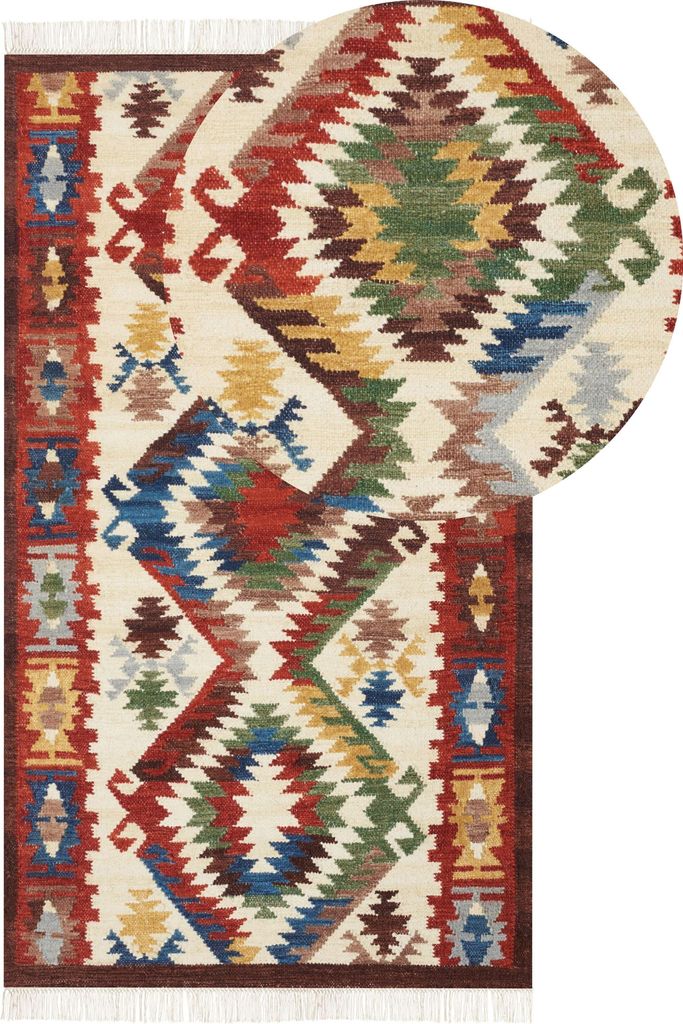 BELIANI Kelim-Teppich Mehrfarbig Wolle 80 x 150 cm mit Fransen Geometrischem Muster Handgewebt Boho Orientteppich für Fußbodenheizung Geeignet