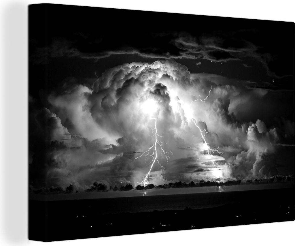 OneMillionCanvasses - Leinwandbilder - 140x90 cm, Gewitterwolken mit Blitzen - schwarz und weiß, Wandbilder Kunstdruck Wanddekoration