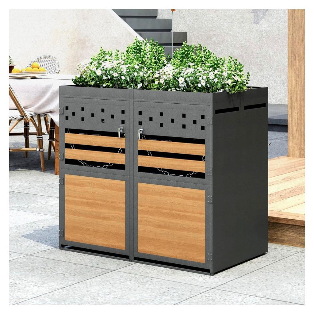Mülltonnenbox in Anthrazit mit Holzoptik und Erweiterungsmöglichkeit, Aufbewahrungsbox für Mülltonnen (2er Set)