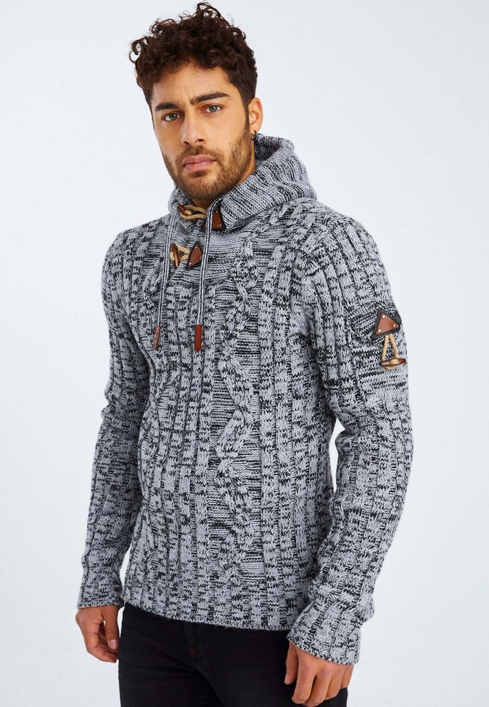 Leif Nelson Kapuze Herren Strickpullover Grobstrick Kapuze LN-5400, Grau Schwarz / M