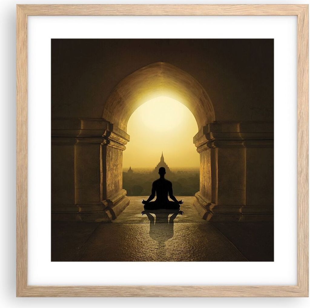 Gerahmtes Poster - Rahmen in heller Eiche - Meditation Tempel Schatten - 40x40 cm - Wand Bild - Wanddeko - Wandbilder - Kunstposter - Wandposter - ...