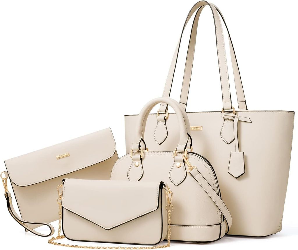 OKWISH 4 tlg Handtasche Damen, Kleine Umhängetasche Damen, Tote Bag, Tasche Mittelgroß, Crossbody Bag, Handtaschen Damen Set , Beige