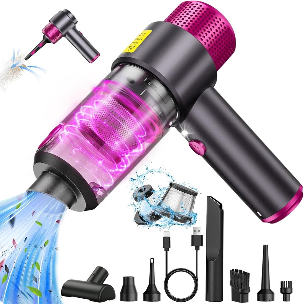 Handstaubsauger, 2-In-1 Staubsauger & Luftpumpe, 8000PA Tragbarer Akku Staubsauger, 4000mAh Auto Staubsauger mit Filter, Mini Staubsauger, Grau & Rosa