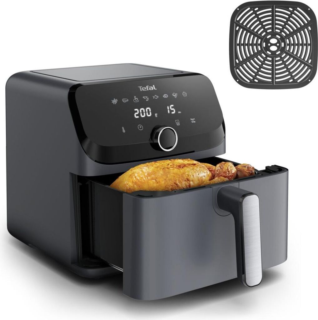 A black TEFAL Easy Fry Mega EY855B air fryer with food inside the basket, shown on a white background. A black air fryer rack is shown in the upper right corner.