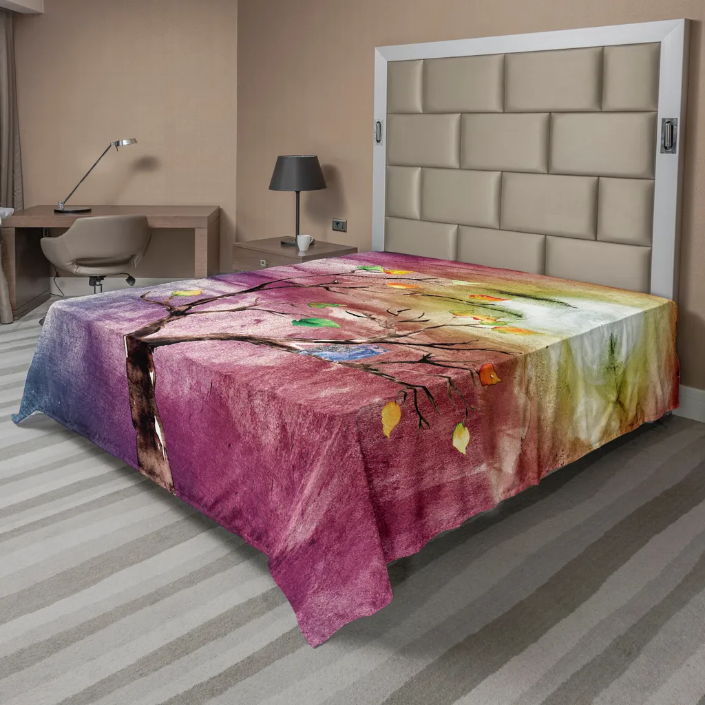 ABAKUHAUS Lenzuolo astratto, gufo su albero autunnale con stampa sfondo acquerello colorato, lenzuolo morbido e confortevole per un letto decorativo 1 pezzo 275 cm x 260 cm, multicolore