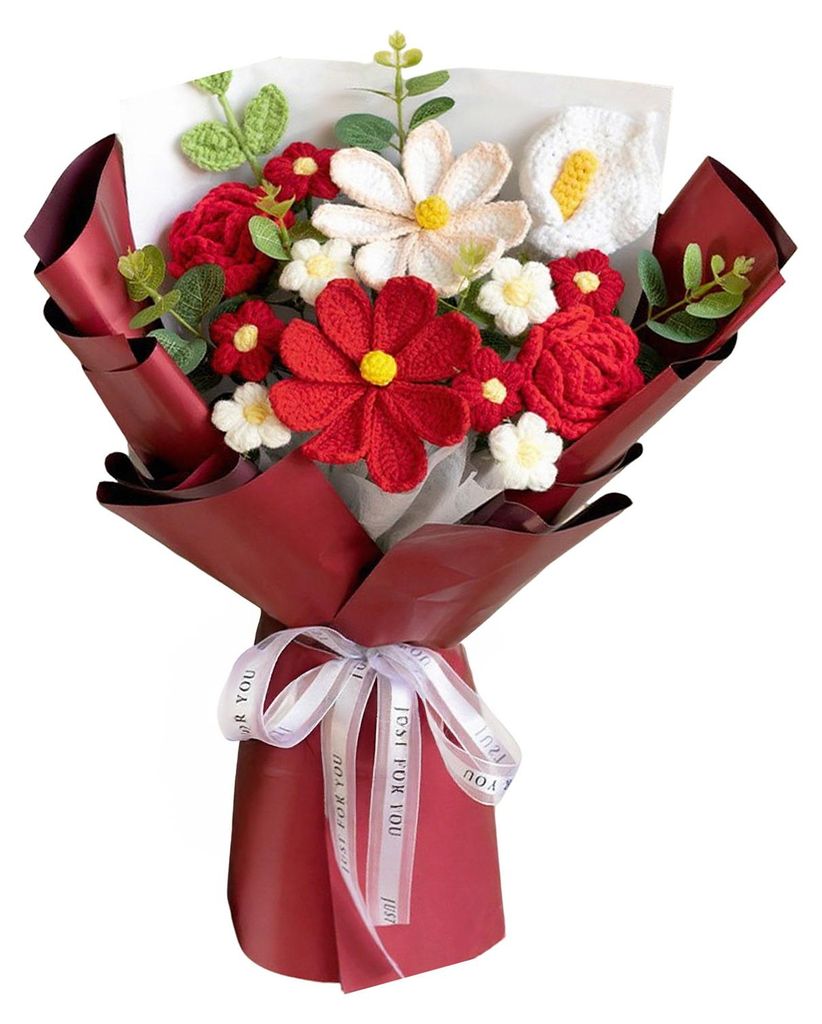 Handgehäkelter Kunstblumenstrauß aus weichem Baumwollgarn, pflegeleicht, mit flexiblen Stielen, künstliche Rosen, Hochzeitsdekoration