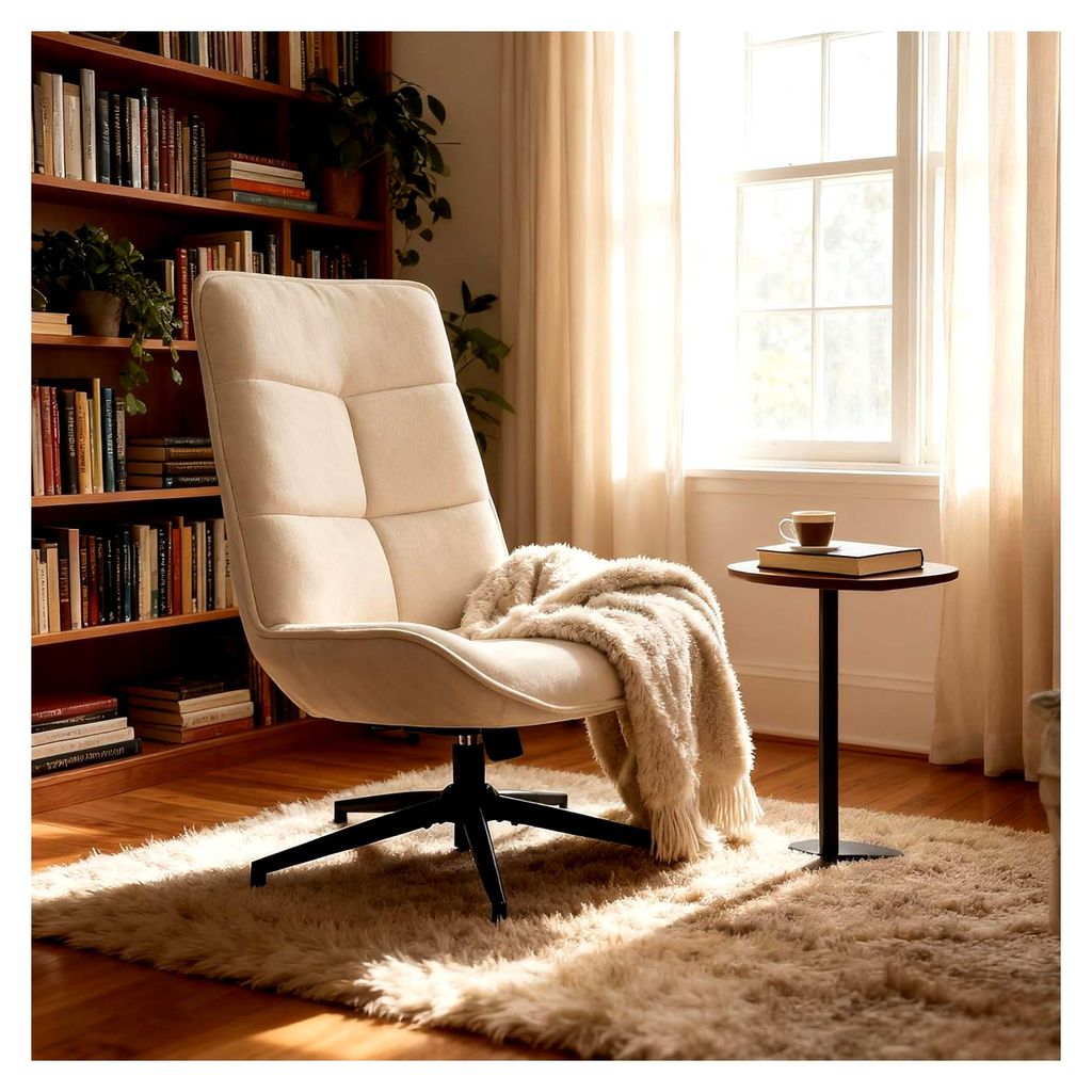 Bequemer Drehsessel mit Höhenverstellung für das Wohnzimmer, Moderner Lehnsessel mit Wippfunktion, Weicher Stoff und schwarze Metallbeine, Beige