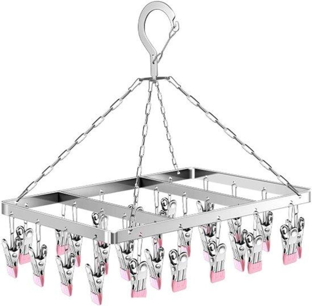 Winddichte sokkenhanger, roestvrijstalen sokkendroger mit 26 Clips und Spiegeleiern, draaibare Haak, für die Wasleine, rosa