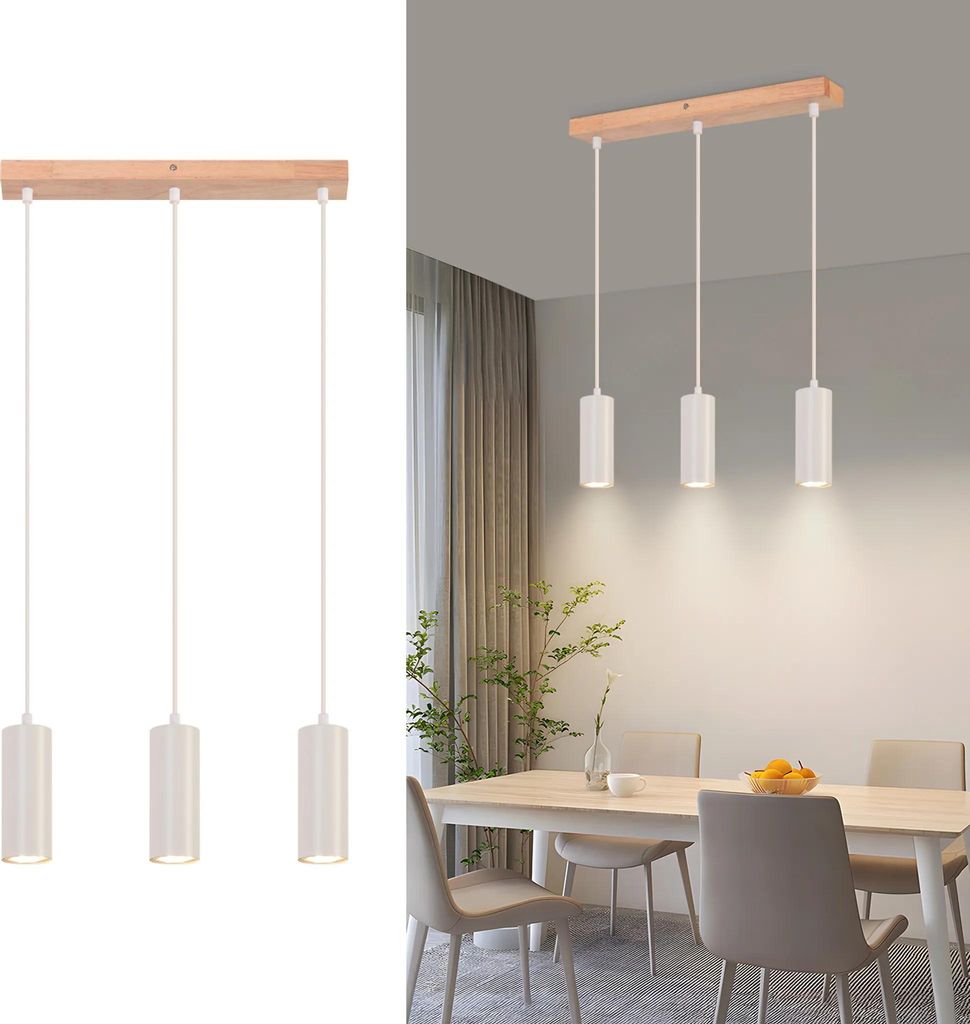 ZMH Pendelleuchte 3 Flammig Holz Weiß Hängelampe Esstisch Vintage GU10 Rustikal Küche Hängeleuchte für Wohnzimmer Schlafzimmer Restaurant Flur
