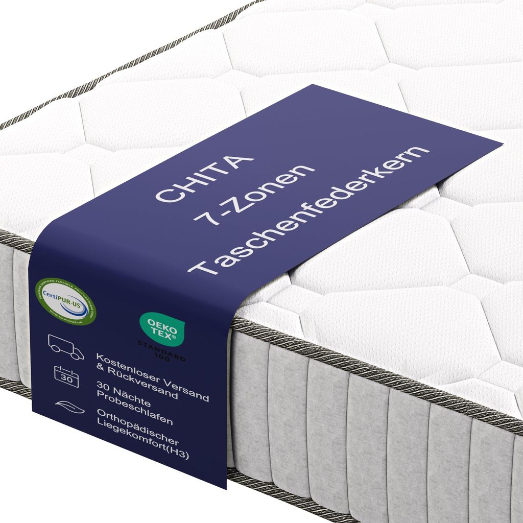 CHITA 140x200 cm H3 Matratze, 7-Zonen Taschenfederkern, orthopädisch, 20 cm hoch, atmungsaktiv, verstärkter Rand