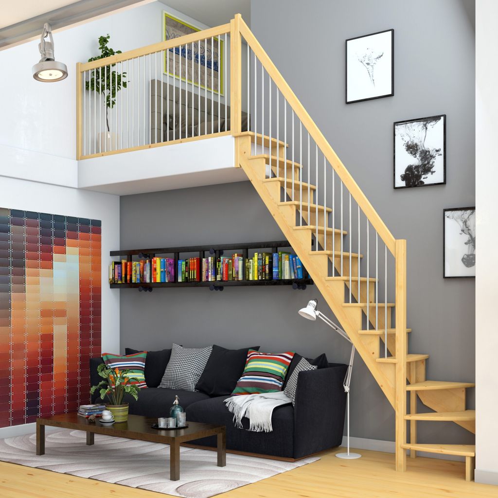 Dolle Raumspartreppe Lyon inkl. einseitigem Geländer Kiefer versiegelt Treppenlauf 1/4 gewendelt unten links 65cm breit Metallstäbe