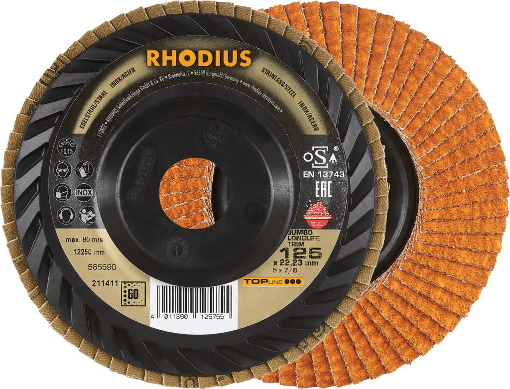 10x RHODIUS JUMBO LONGLIFE TRIM Ø 125 mm Fächerschleifscheibe mit Lamellen SU 60