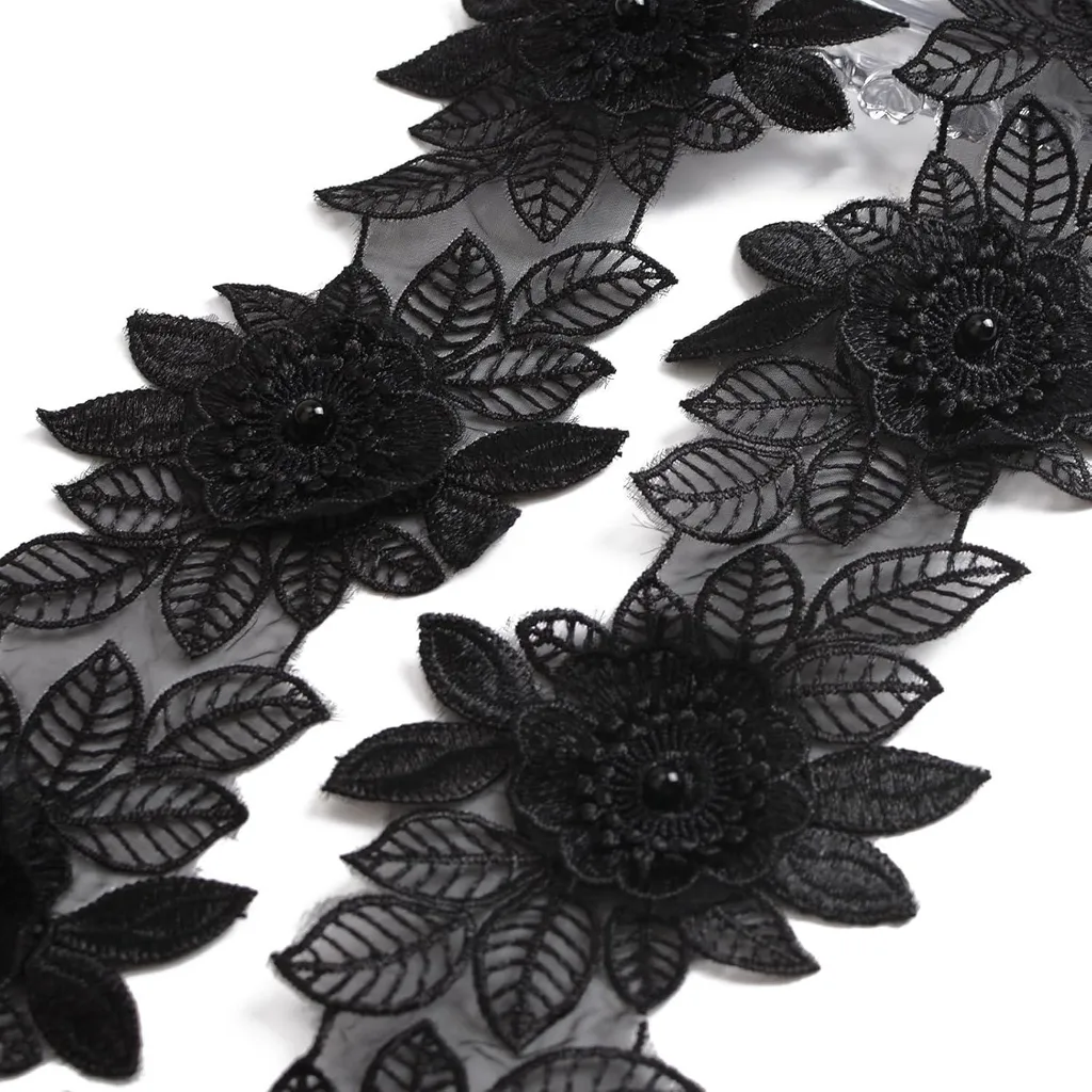 Galon de dentelle noire 2 yards en organza brodé fleurs 85mm couture