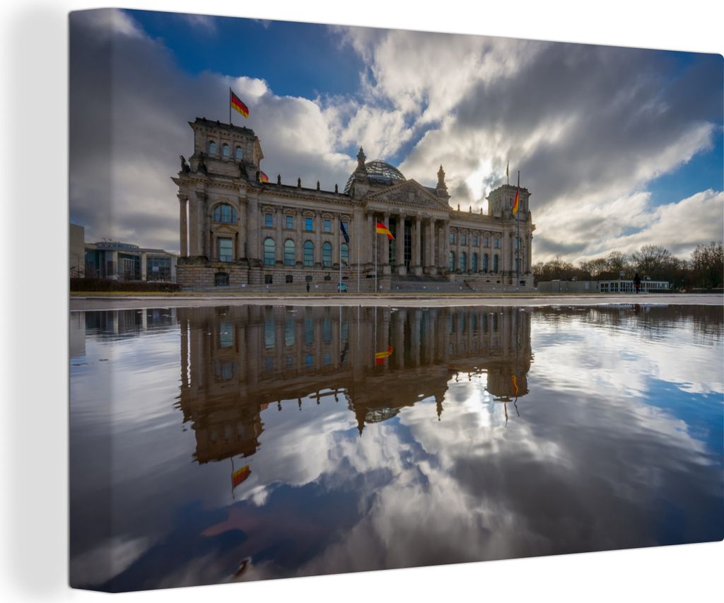 OneMillionCanvasses - Leinwandbilder - 140x90 cm, Spiegelung des Reichstages im deutschen Berlin, Wandbilder Kunstdruck Wanddekoration - Foto auf...