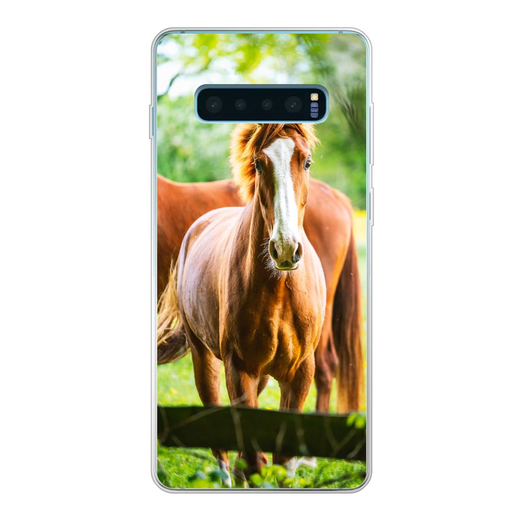MuchoWow Handyhülle Schutzhülle Hülle für Samsung Galaxy S10 Plus Pferde - Licht - Wiese Silikon Softcase Handy Hülle - Schutzhülle