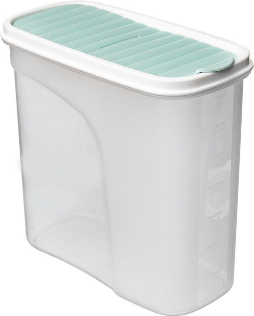 A clear, studio shot of a transparent food storage container with a green lid.